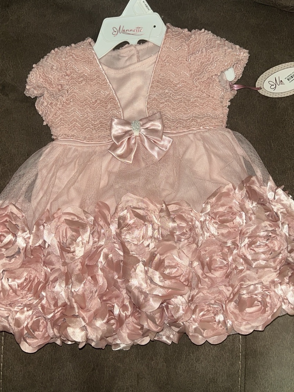 Nannette Pink Rosette Tulle Party Dress with Satin Bow